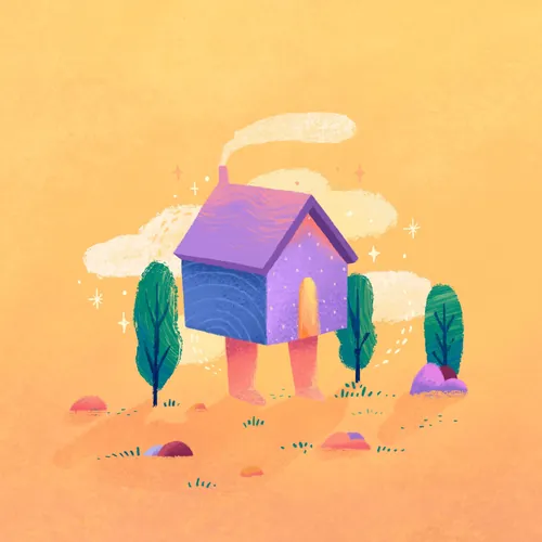 Illustration eines lila Hauses mit Beinen, die an Bäumen entlanglaufen.