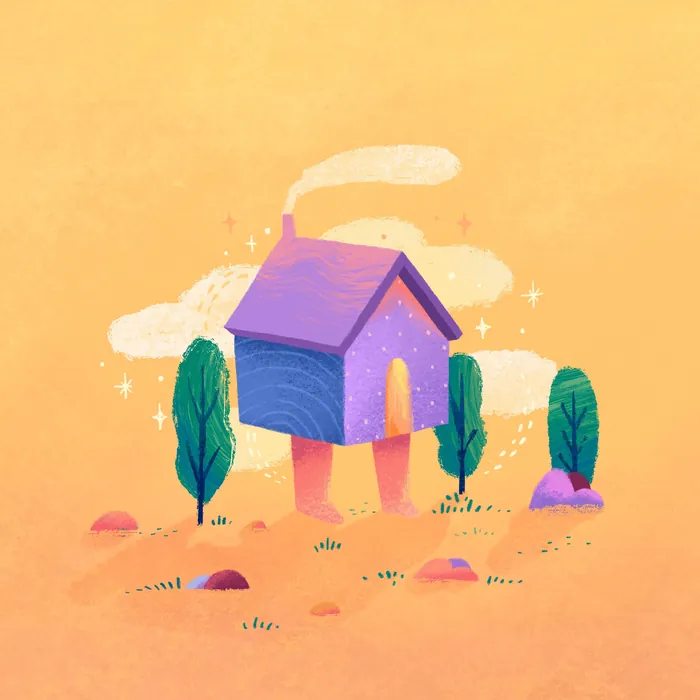 Illustration of a purple house with legs walking near trees