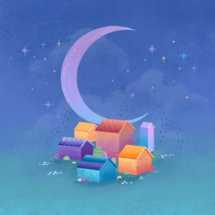 Small colorful houses beneath a crescent moon and twinkling stars
