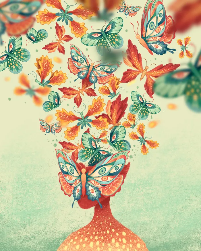 Person's head morphing into butterflies and flowers in vibrant colors