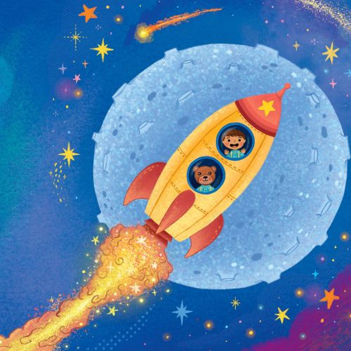 Rocket with three astronauts flying through starry space toward a blue moon.