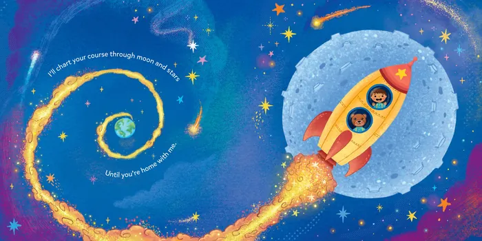 Rocket with three astronauts flying through starry space toward a blue moon.