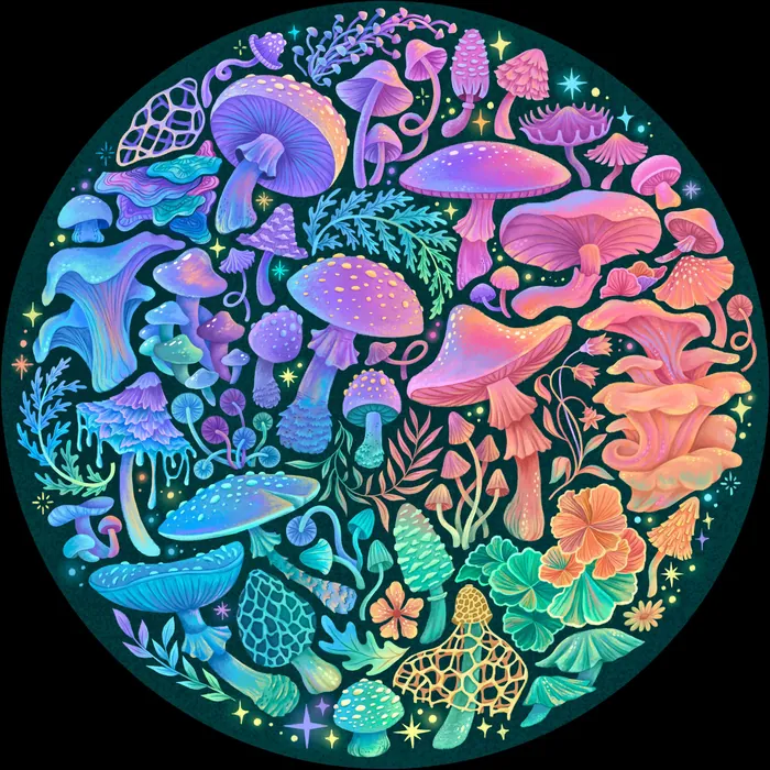 Colorful glowing mushrooms and plants in a circular pattern