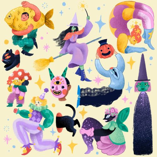 Whimsical Halloween characters including pumpkin, witch, and monsters