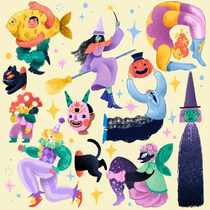 Whimsical Halloween characters including pumpkin, witch, and monsters