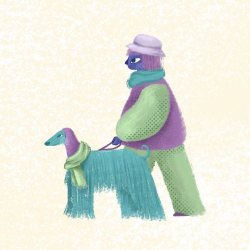 Person wearing scarf walking a long-haired dog with a scarf