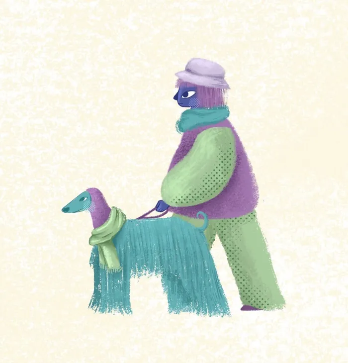 Person wearing scarf walking a long-haired dog with a scarf