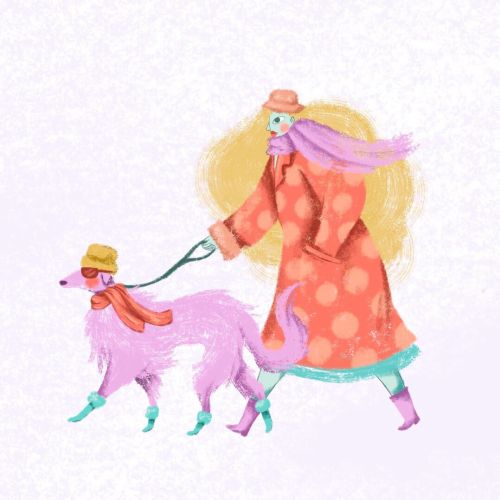 Woman in coat and hat walking pink dog with matching hat and scarf
