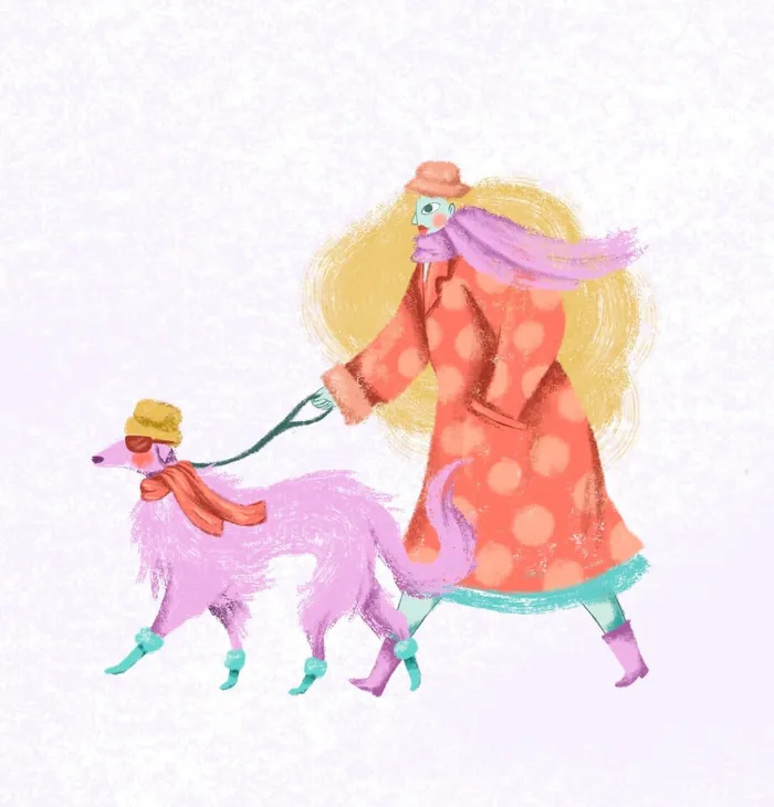 Woman in coat and hat walking pink dog with matching hat and scarf