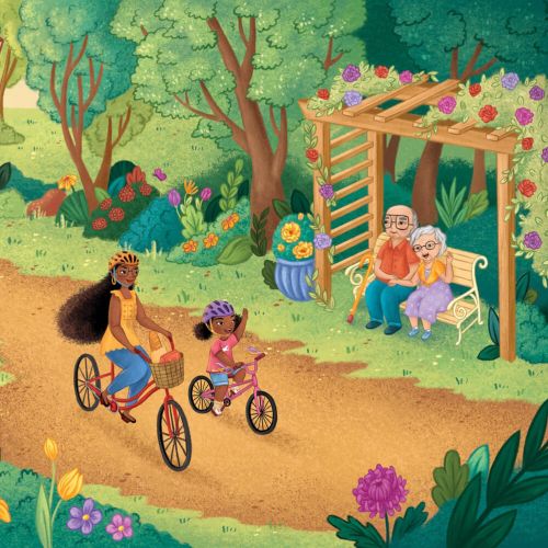 Children cycling on garden path near flowers and a wooden gazebo