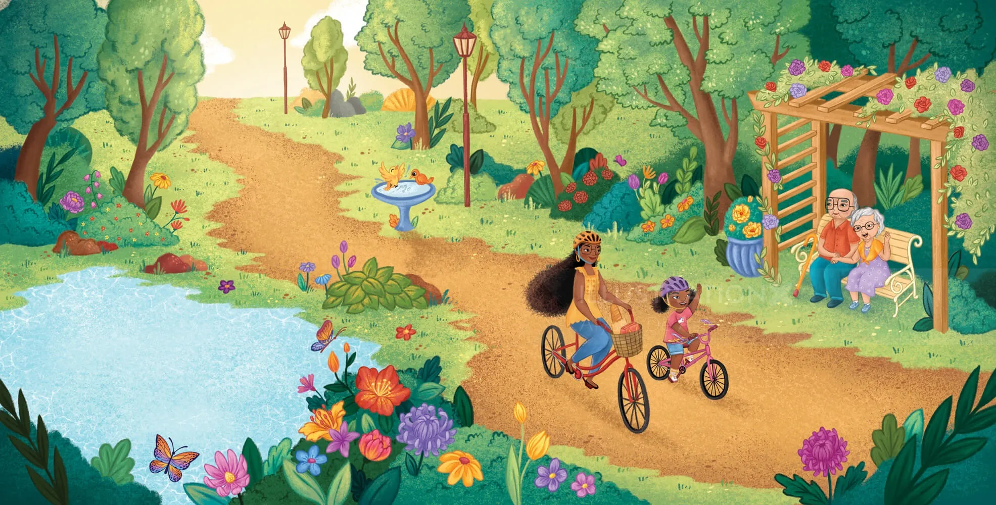 Niños en bicicleta por un sendero de jardín cerca de flores y un cenador de madera.