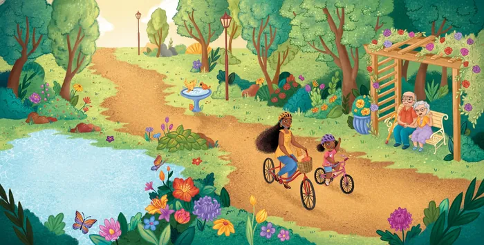 Children cycling on garden path near flowers and a wooden gazebo