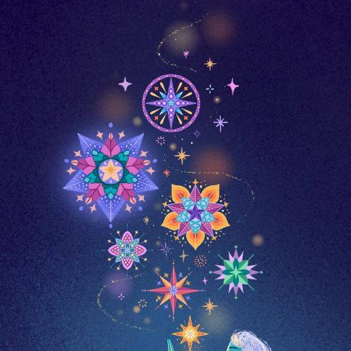 Figure with long hair conjuring glowing colorful star ornaments