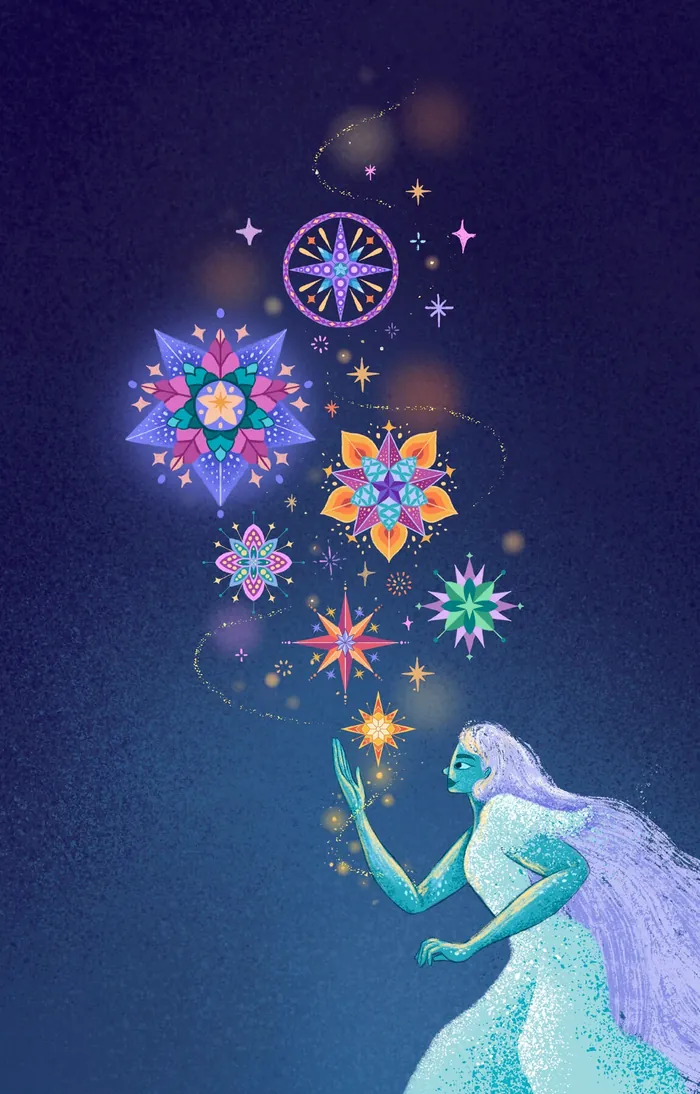 Figure with long hair conjuring glowing colorful star ornaments