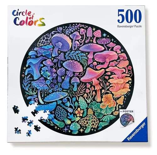 Farbenfrohe Verpackung für das Ravensburger Puzzle „Kreis der Farben“ (500 Teile).