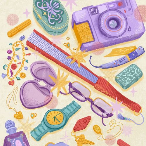 Illustration of vintage camera, watch, jewelry, and personal items on yellow background