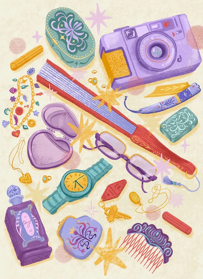 Illustration of vintage camera, watch, jewelry, and personal items on yellow background