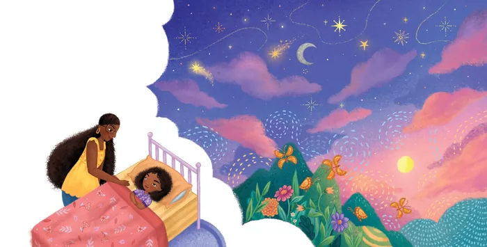 Mother putting child to bed under a starry night sky