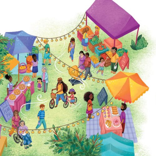 Outdoor market with people enjoying food and shopping under tents