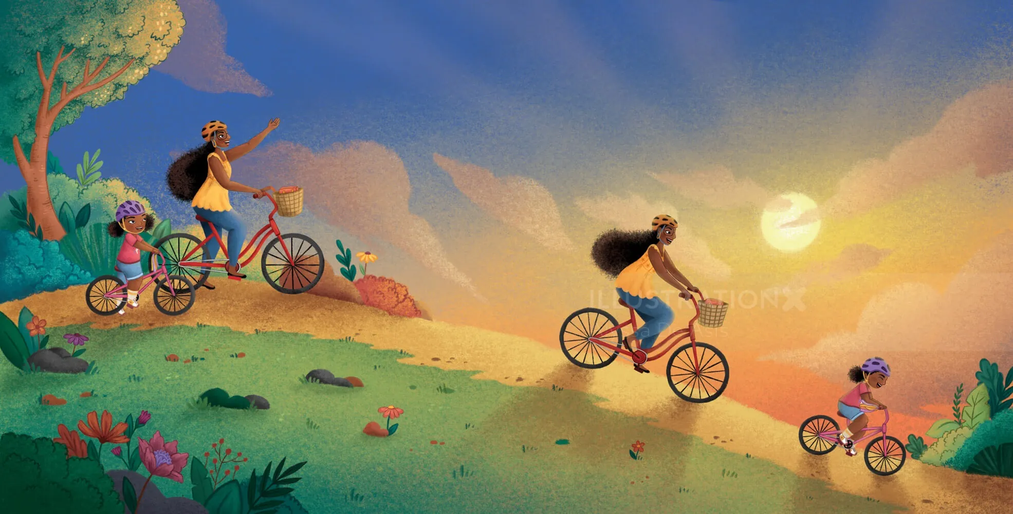 Family riding bicycles on a hill during a sunset