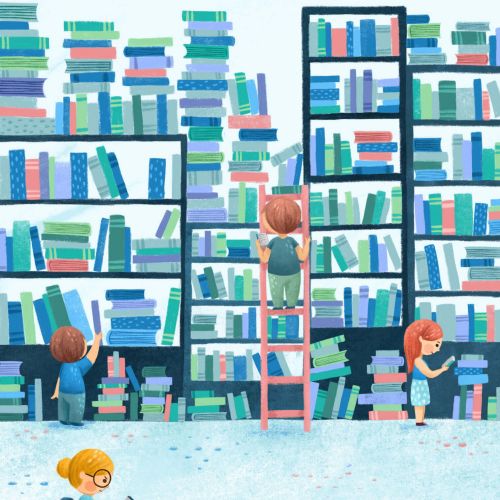 Children reading and browsing books in a large library with shelves