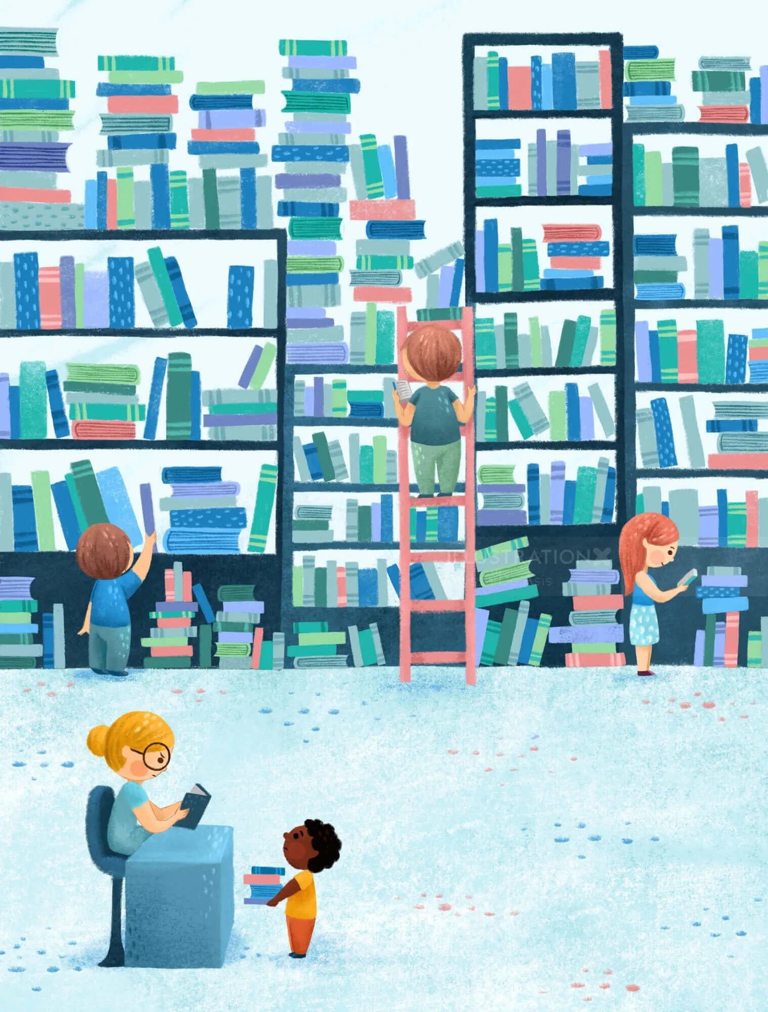 Children reading and browsing books in a large library with shelves