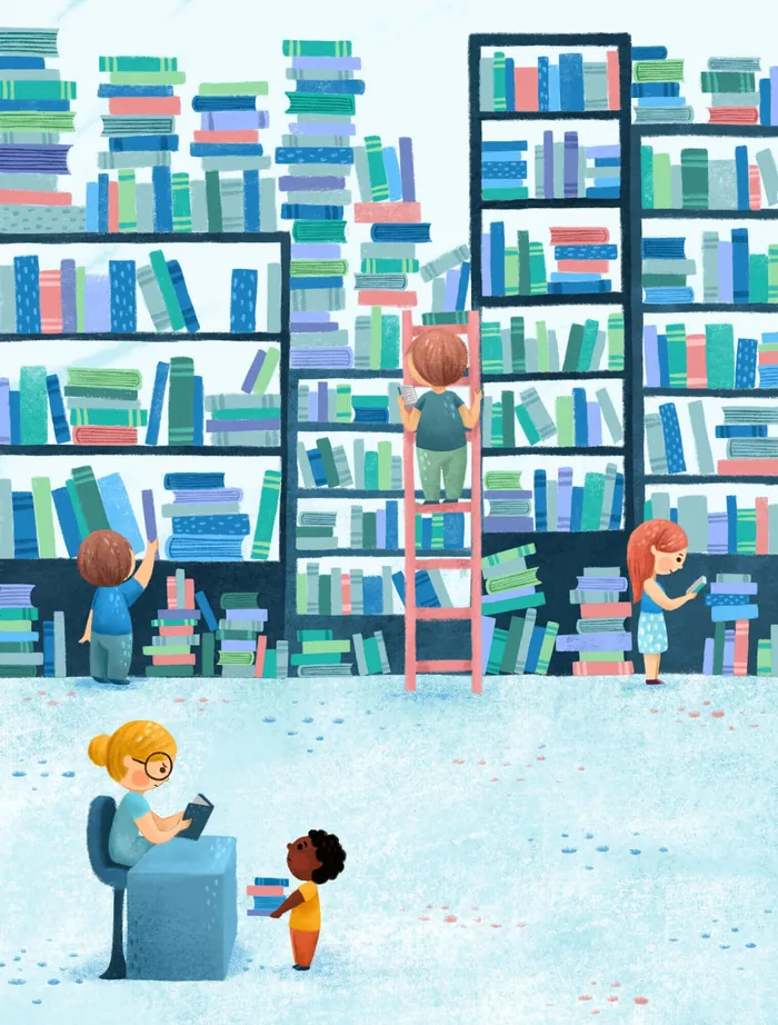 Children reading and browsing books in a large library with shelves
