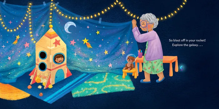 Grandmother and child play with toy rocket under starry night sky