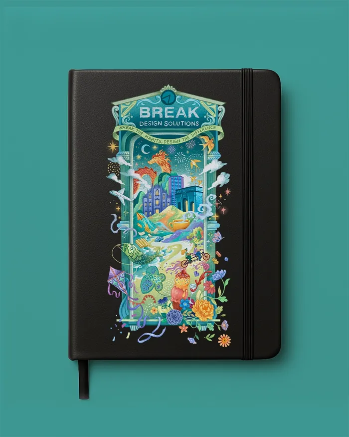 Colorful cityscape and nature illustration on black notebook cover