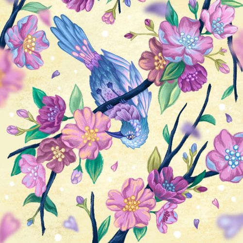 Blue bird perched amidst pink and purple flowers on branches