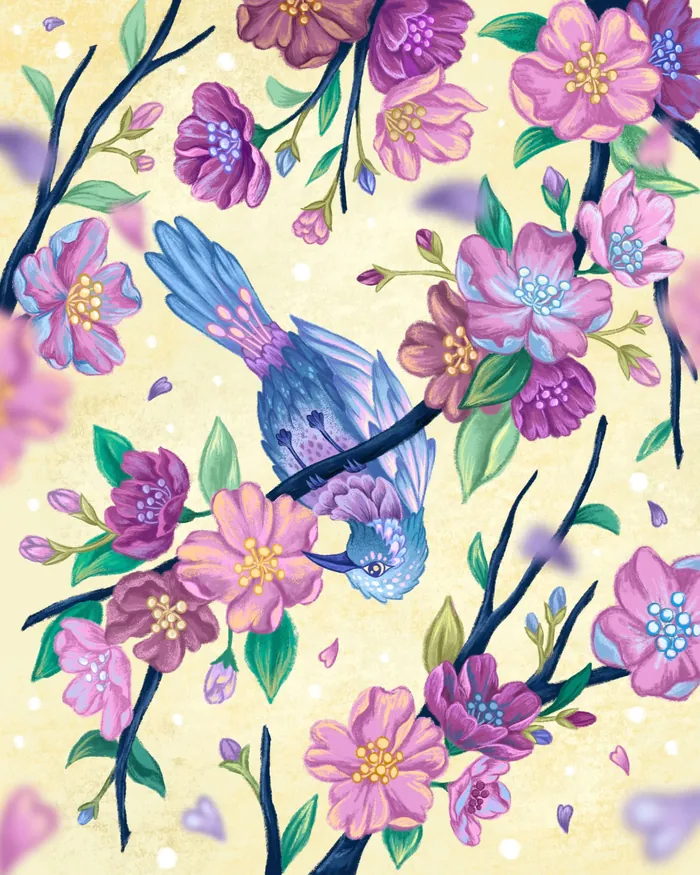 Blue bird perched amidst pink and purple flowers on branches