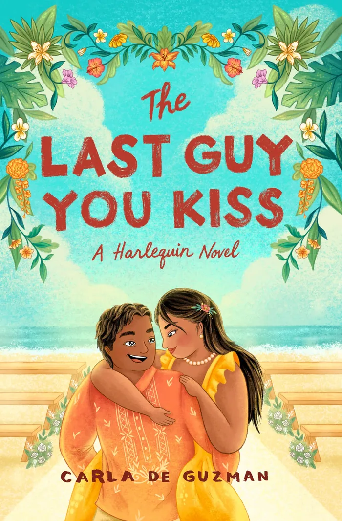 Book cover of couple embracing on a beach with flowers and ocean