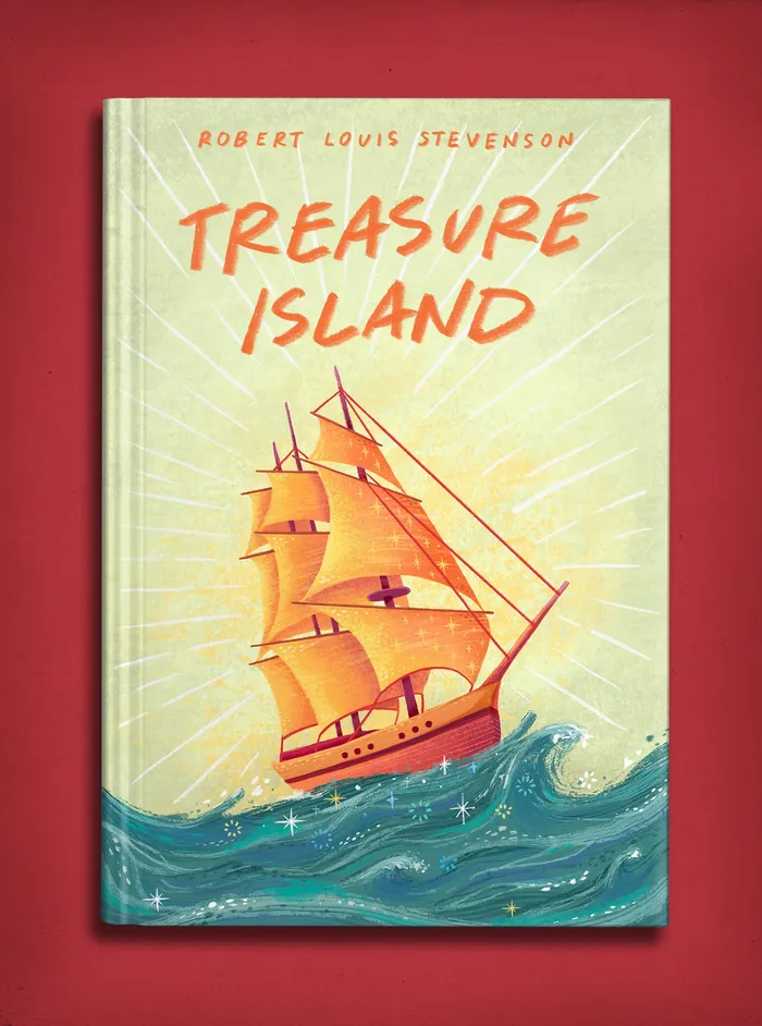 Illustration of a sailing ship on the sea on Treasure Island book cover