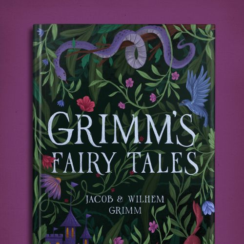 Grimm's Fairy Tales book cover with flowers, birds, and a snake