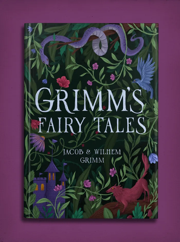 Grimm's Fairy Tales book cover with flowers, birds, and a snake