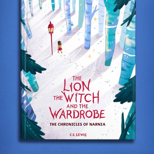 The Lion, the Witch and the Wardrobe book cover with snowy forest and girl