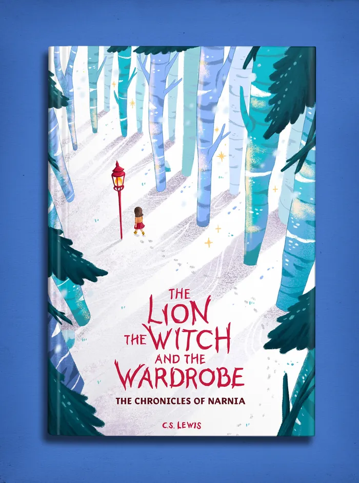 The Lion, the Witch and the Wardrobe book cover with snowy forest and girl
