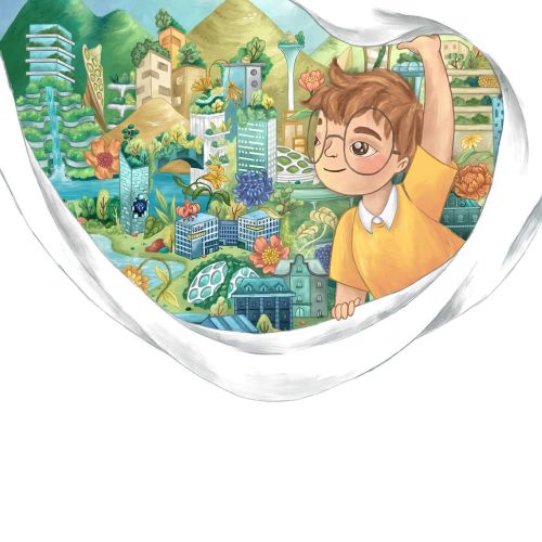 Illustration of boy imagining eco-friendly city by Alyssa De Asis