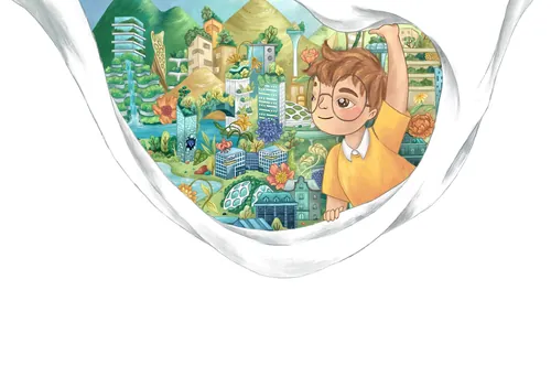 Illustration eines Jungen, der sich eine umweltfreundliche Stadt vorstellt von Alyssa De Asis