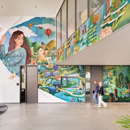 Nature-themed mural with wildlife and balloons by Alyssa De Asis