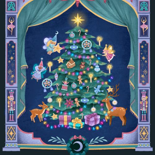 Christmas tree decorated with lights and gifts surrounded by fairies and deer by Alyssa De Asis