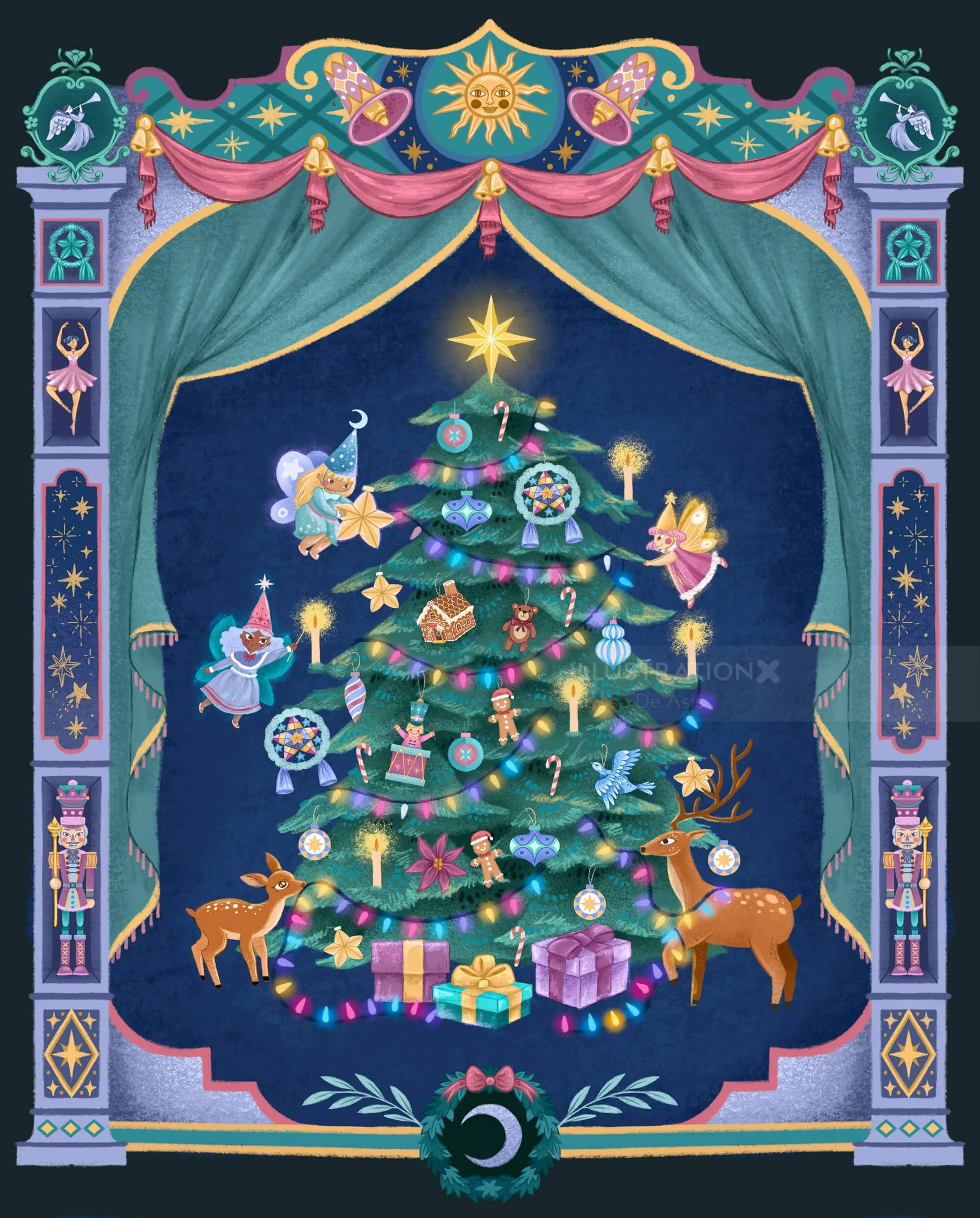 Ein mit Lichtern und Geschenken geschmückter Weihnachtsbaum, umgeben von Feen und Hirschen von Alyssa De Asis