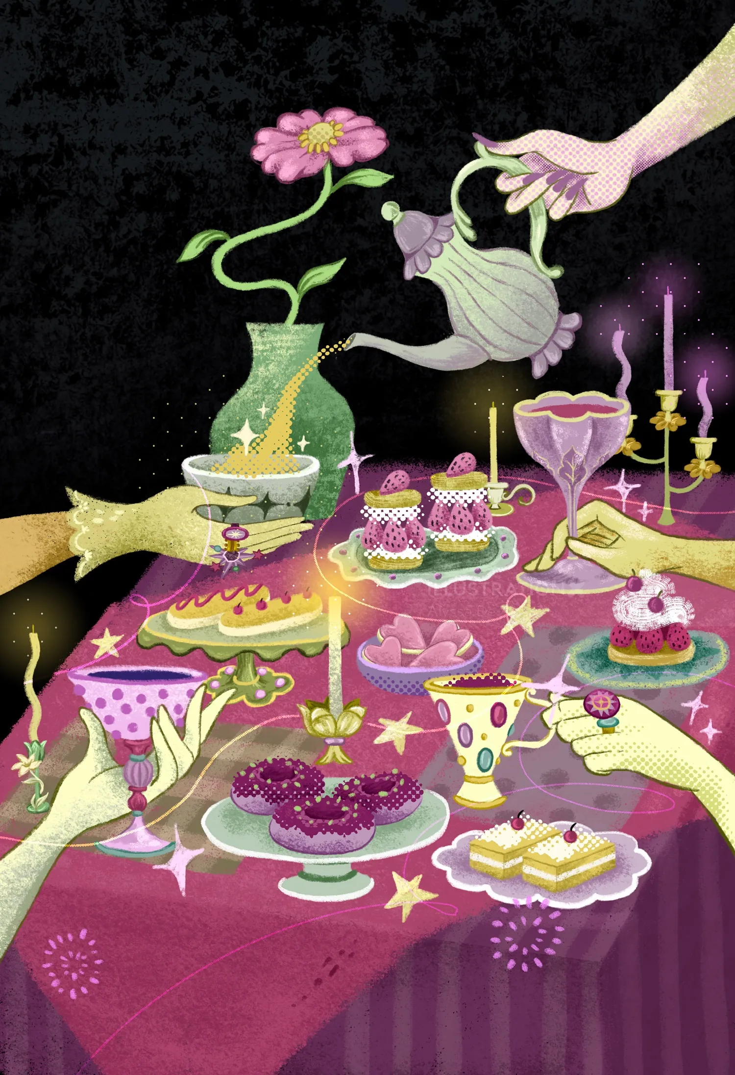 Surreal dessert table with floating hands serving cakes and tea cups by Alyssa De Asis