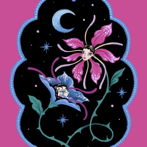 Floral fairies dancing under crescent moon and stars by Alyssa De Asis