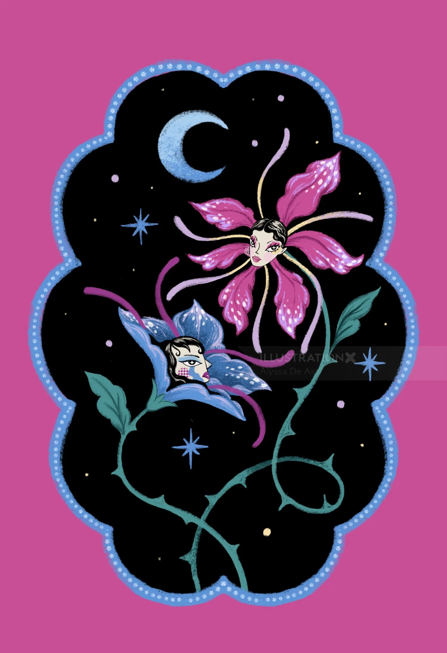 Hadas florales bailando bajo la luna creciente y las estrellas por Alyssa De Asis