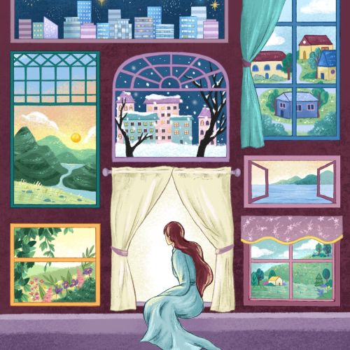A woman sitting by windows showing diverse city and nature scenes by Alyssa De Asis