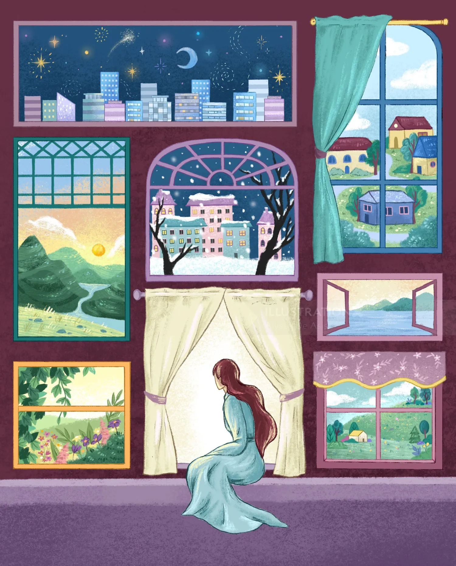 A woman sitting by windows showing diverse city and nature scenes by Alyssa De Asis