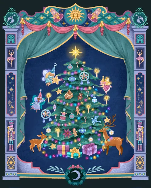 Festlicher Weihnachtsbaum mit Feen, Geschenken und Rentieren von Alyssa De Asis