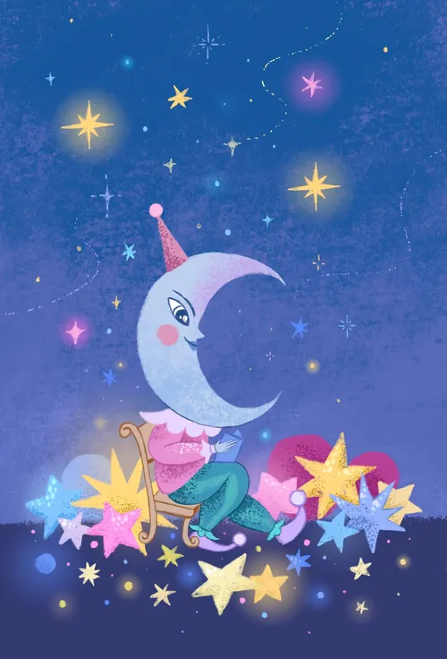 Illustration einer Mondsichel mit Partyhut und bunten Sternen von Alyssa De Asis