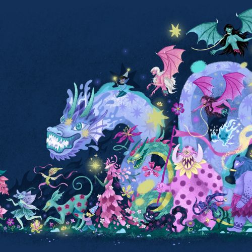 Whimsical colorful dragon and fairies in magical scene by Alyssa De Asis